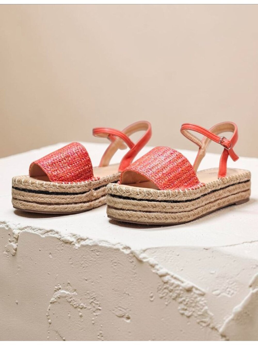 Womens Coral Straw Espadrille Platform Sandals With Adjustable Ankle Strap - Sum